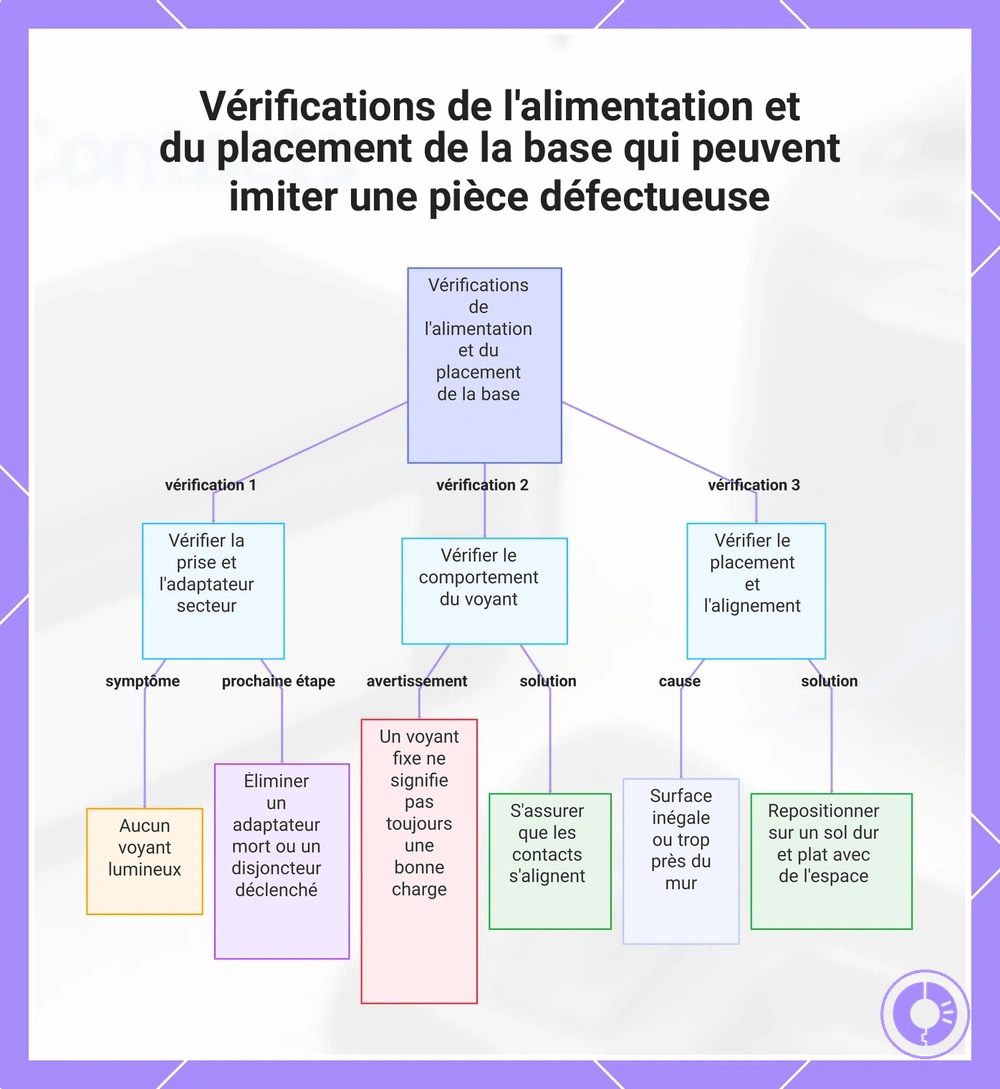 Vérifications de l'alimentation et du placement de la base qui peuvent imiter une pièce défectueuse