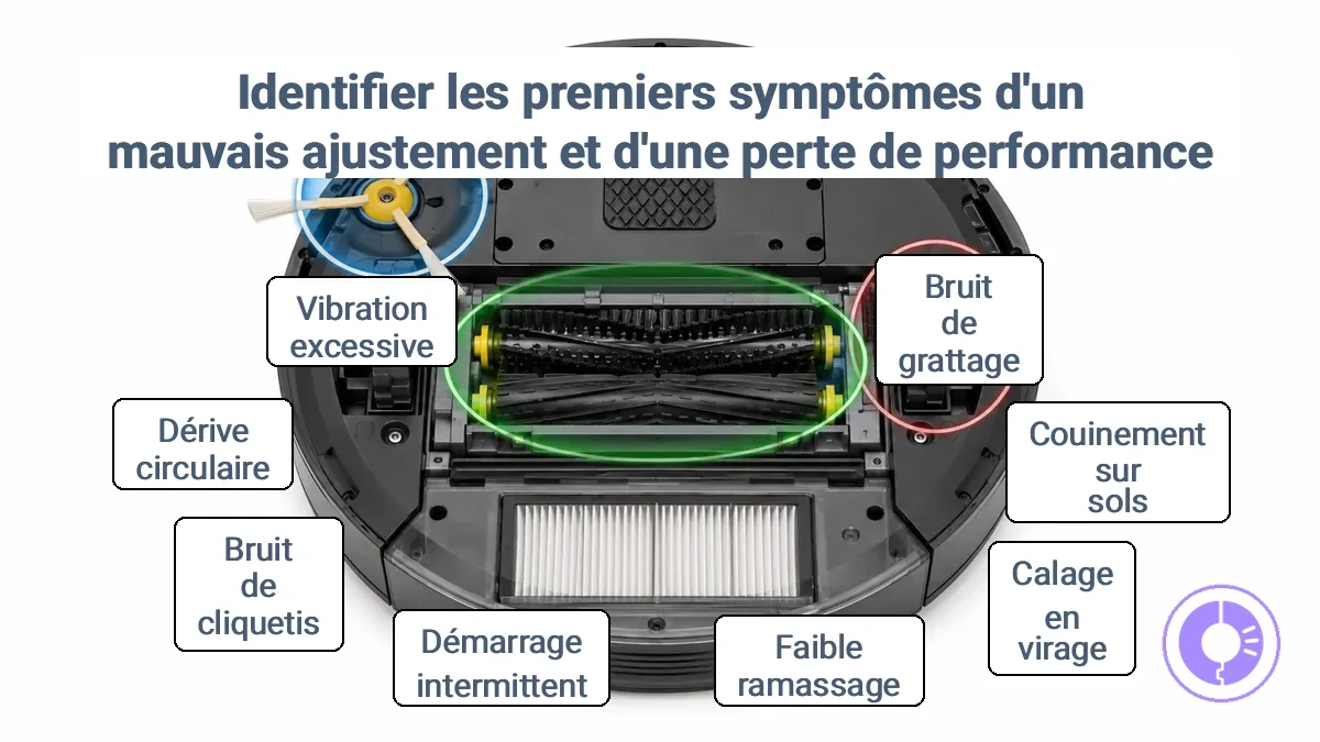 Roomba annoté montrant où les symptômes précoces post-installation indiquent des problèmes d'ajustement ou de dégagement.