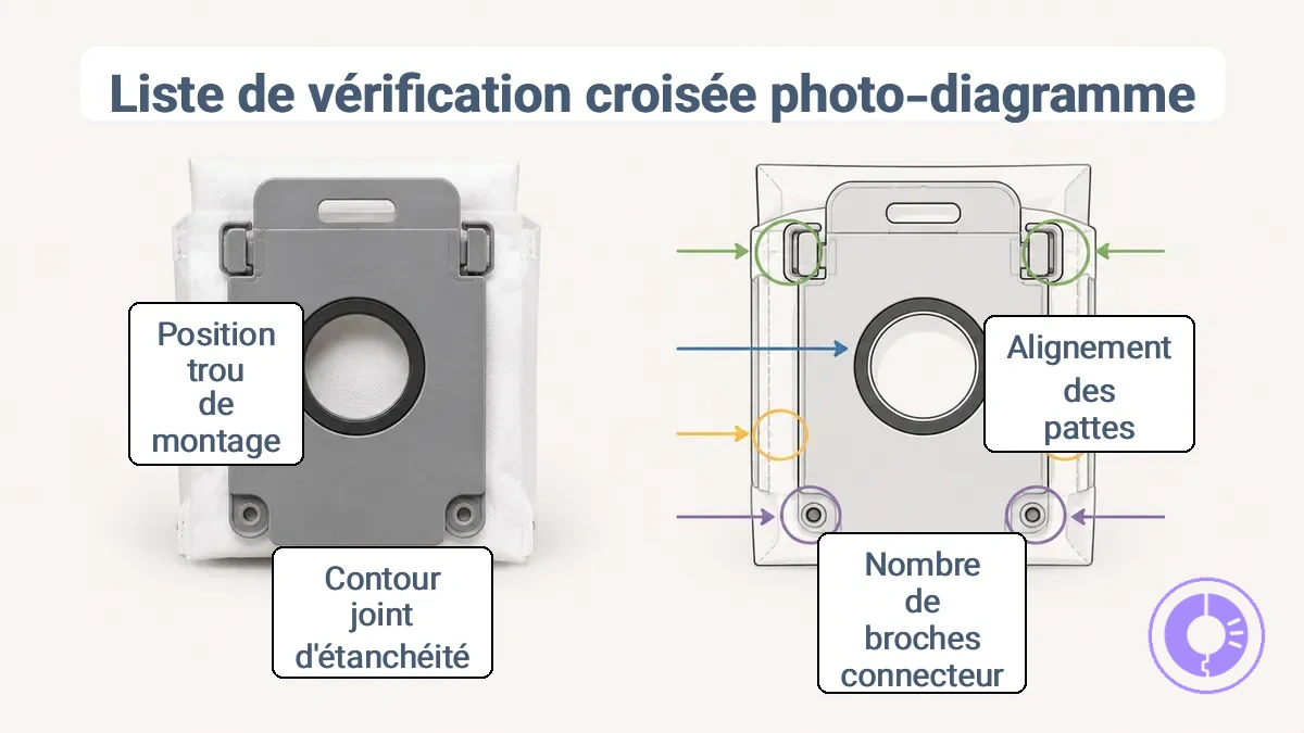Comparaison côte à côte d'une photo de pièce de rechange avec un diagramme montrant les points de contrôle du loquet, du connecteur et du bord d'étanchéité