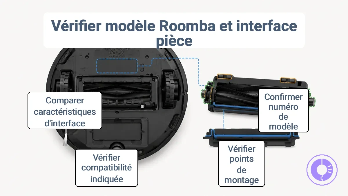 Emplacement de l étiquette du modèle Roomba et caractéristiques de l interface de la pièce, telles que les points de montage et les connecteurs