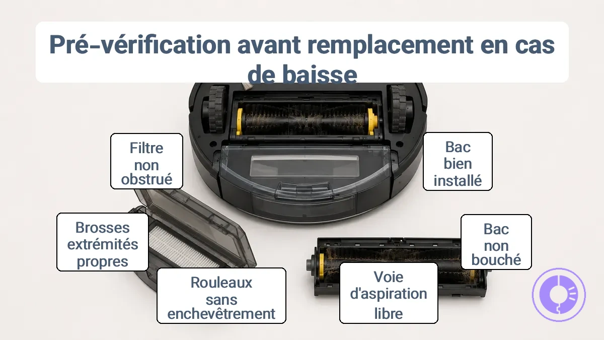 Diagramme annoté montrant un bac correctement positionné, un point d'obstruction visible dans le circuit d'aspiration, et une zone de rouleau avec des enchevêtrements de brosse, avec des étiquettes simples pour chaque point de vérification.