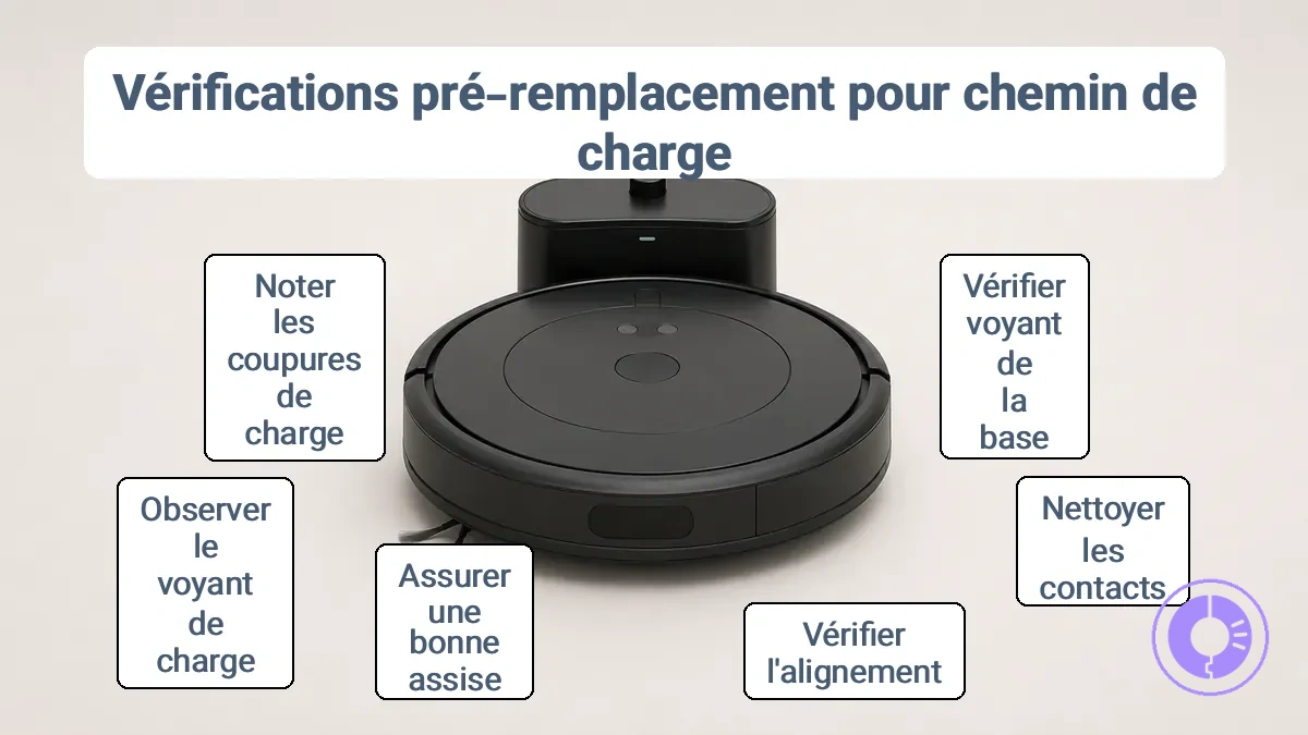 Roomba correctement positionné sur la Home Base avec les contacts de charge alignés.