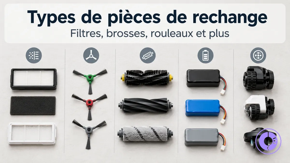 Différents types de pièces Roomba présentés pour comparer les catégories