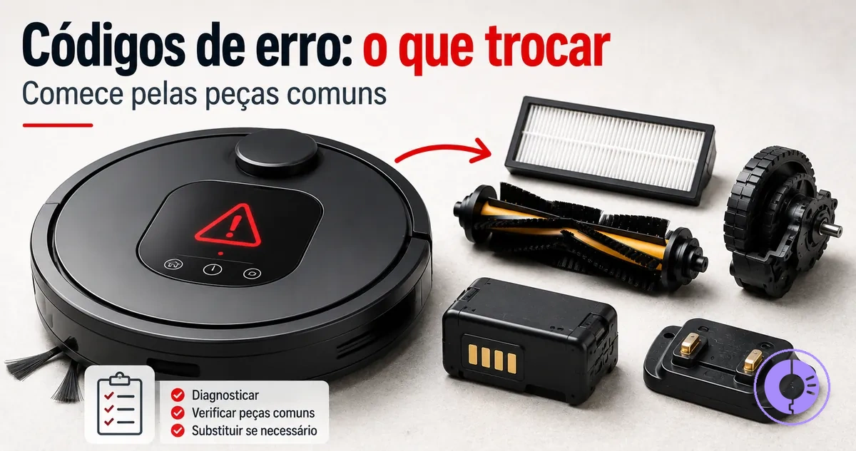 Display de erro do Roomba com peças de reposição para solucionar códigos de erro