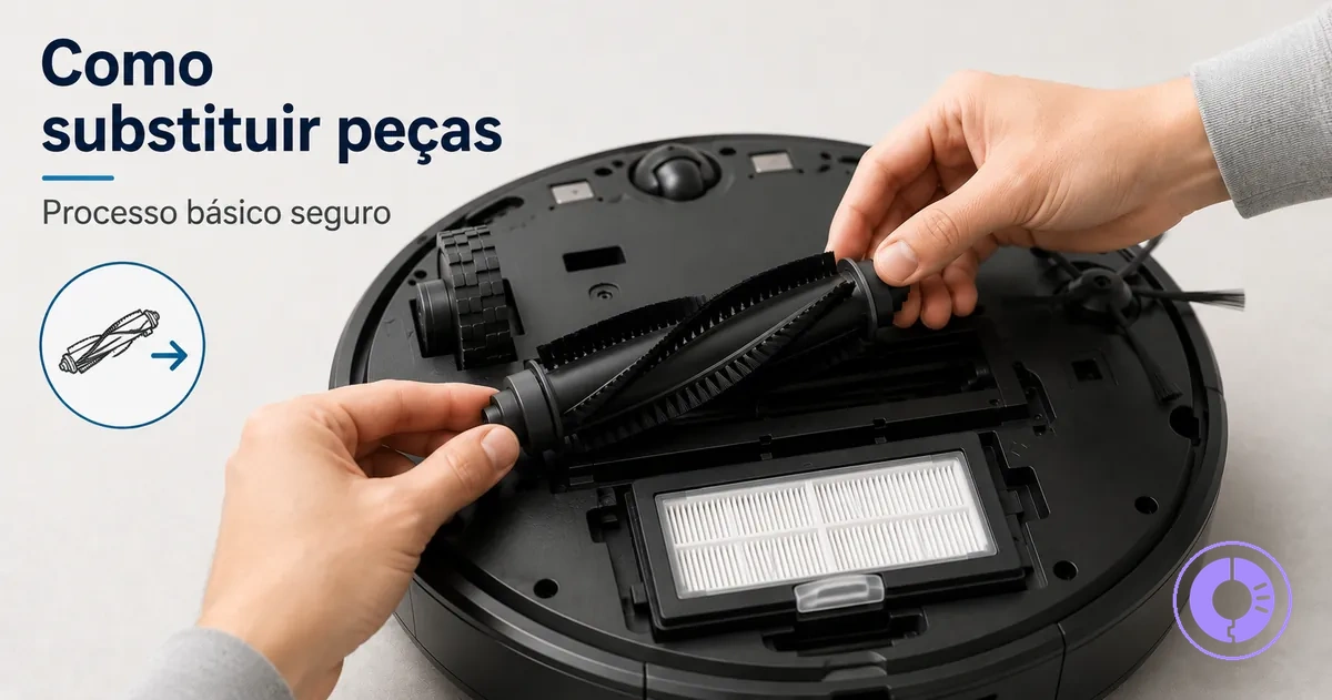 Mãos substituindo peças comuns do Roomba durante manutenção básica