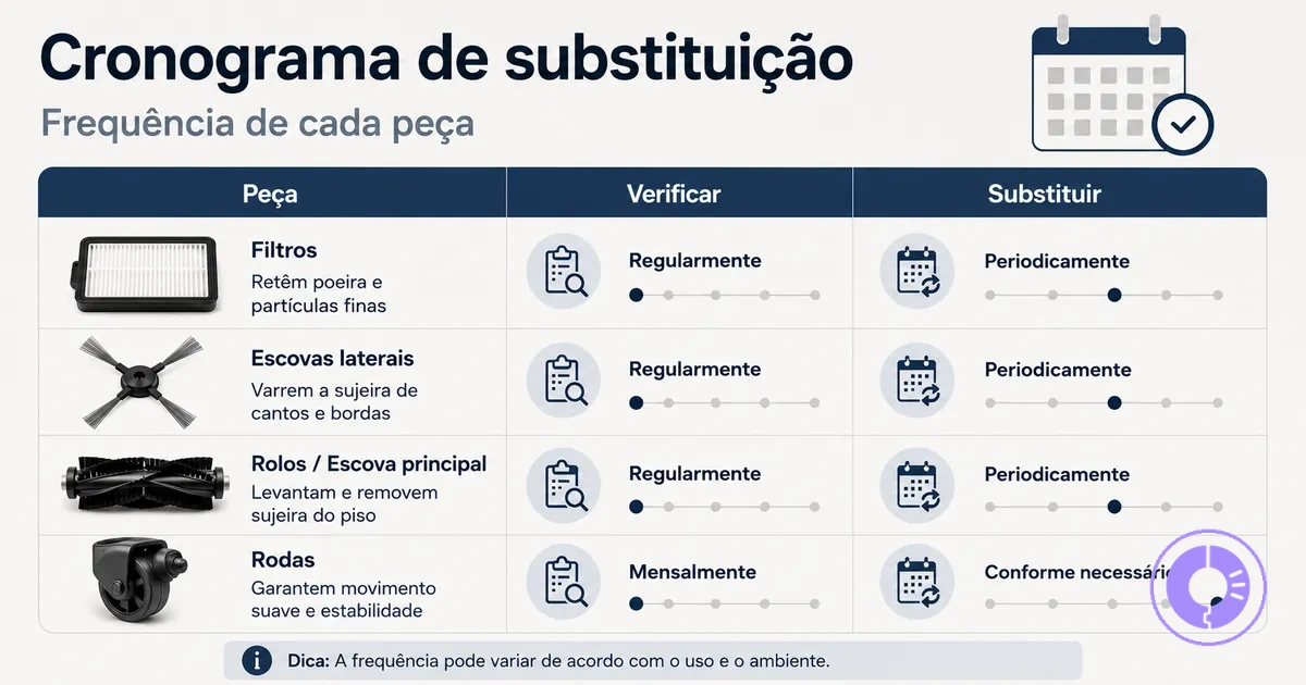 Tabela de substituição das peças comuns do Roomba como filtros e escovas