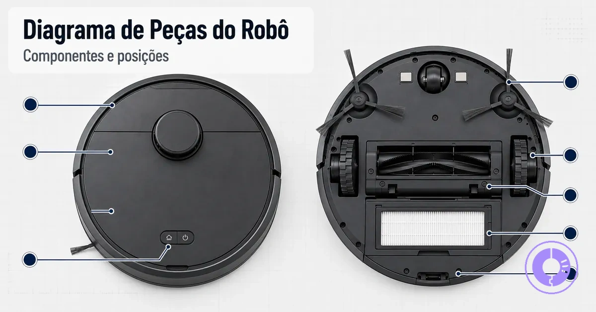 Diagrama das peças de reposição do Roomba destacando os componentes e posições