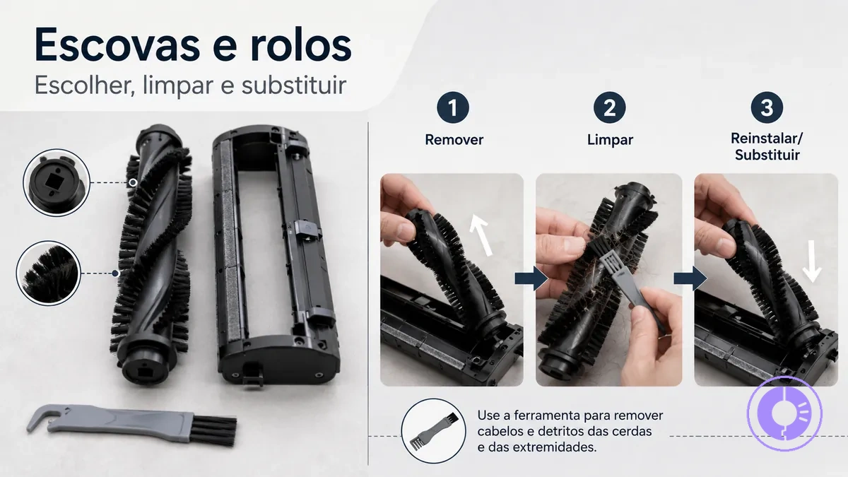 Escova e rolo do Roomba com instruções de limpeza e substituição