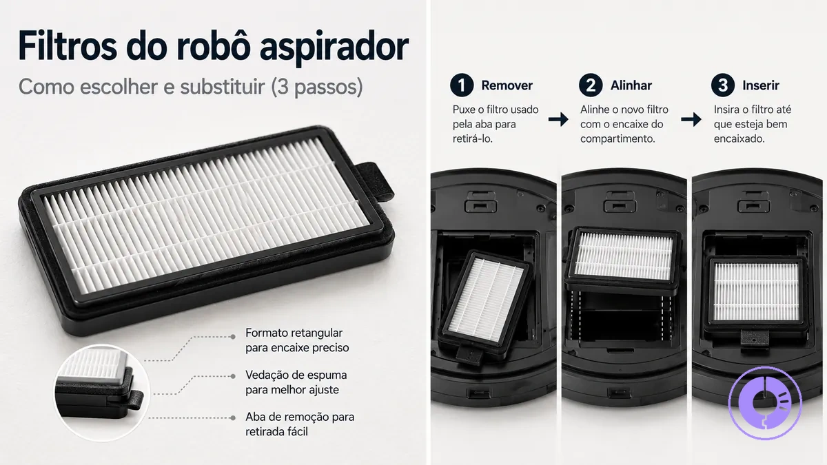 Filtro de reposição do Roomba com instruções de remoção e instalação