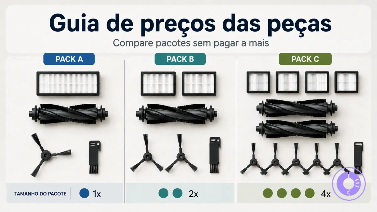 Comparação de pacotes de peças do Roomba mostrando tamanho e conteúdo