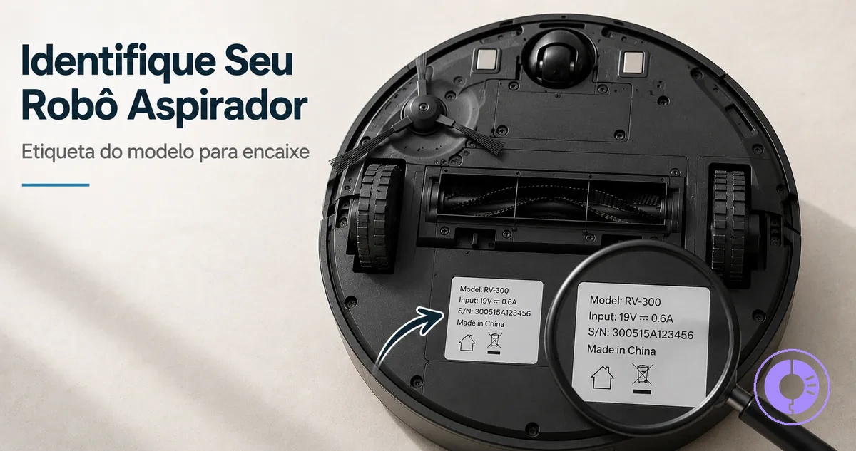 Etiqueta e parte inferior do Roomba usadas para identificar corretamente as peças de reposição