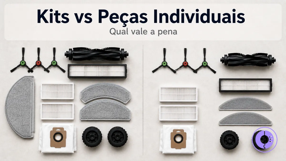 Kit de peças de Roomba comparado com peças individuais mostrando conteúdo incluído