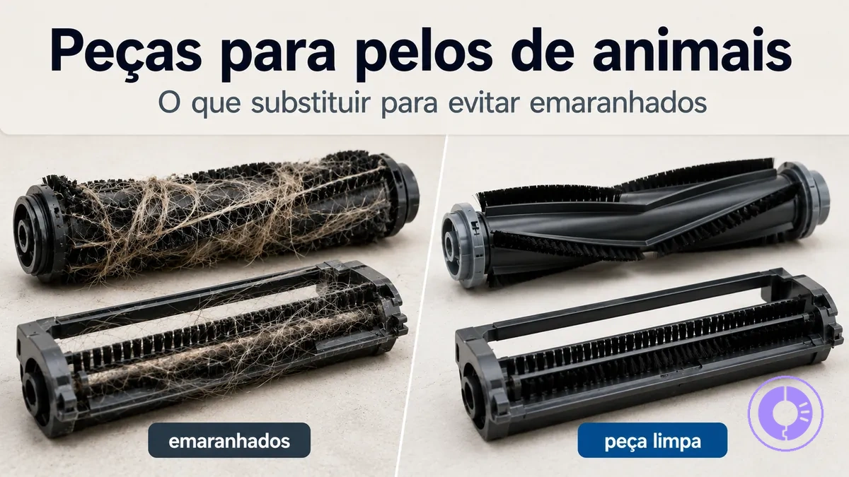 Escovas e rolos do Roomba com pelos de animais mostrando problemas de emaranhamento