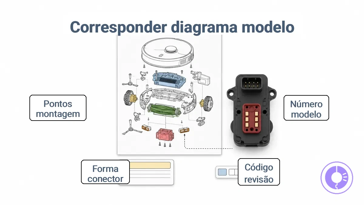 Área do rótulo do Roomba anotada e dicas de formato do conector usadas para corresponder um diagrama de peças ao modelo e revisão corretos; a revisão varia conforme o lote de produção.