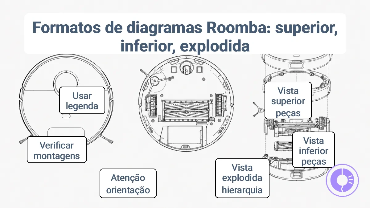 Comparação dos formatos de diagrama de peças do Roomba: vista superior, vista inferior e vista explodida.