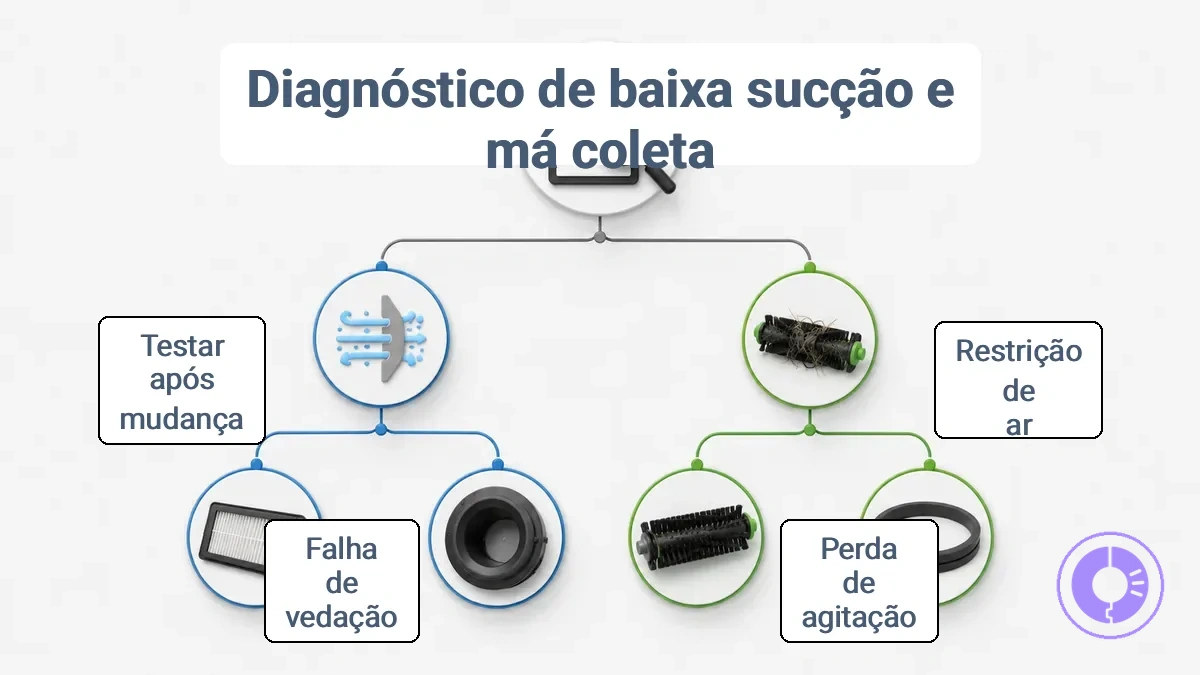 Fluxograma de diagnóstico mostrando sintomas de baixa sucção e coleta fraca ramificando para atributos de fluxo de ar ou agitação e levando a famílias de peças de filtro, rolo ou vedação com uma indicação de verificar primeiro.