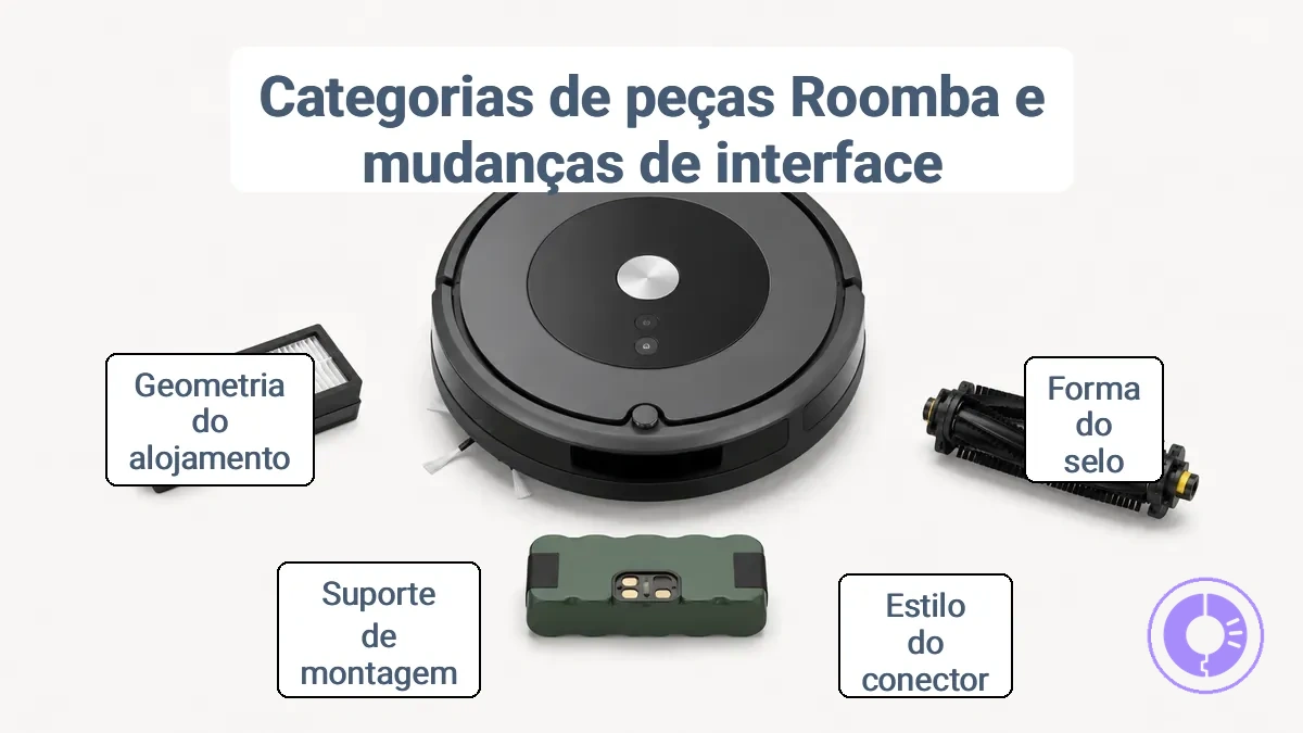 Categorias de peças de reposição do Roomba ilustrando diferentes interfaces de filtro, escova e bateria