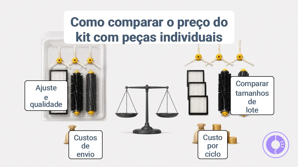 Diagrama mostrando como comparar o preço de um kit de peças Roomba com peças avulsas usando o tamanho do pacote e o custo por ciclo de substituição.