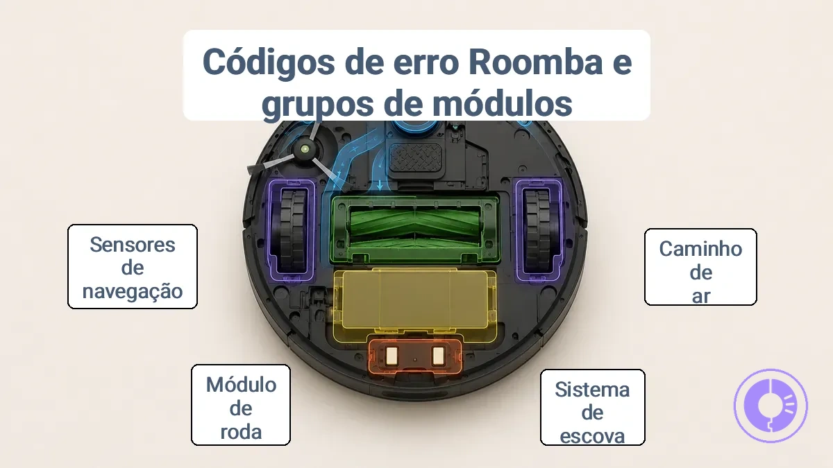 Diagrama anotado do Roomba identificando módulos substituíveis vinculados a sinais de erro comuns.