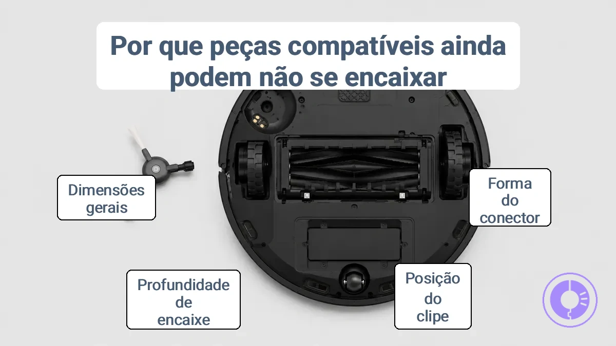 Peça de reposição do Roomba mostrando o alinhamento do conector e do clipe para verificação de ajuste
