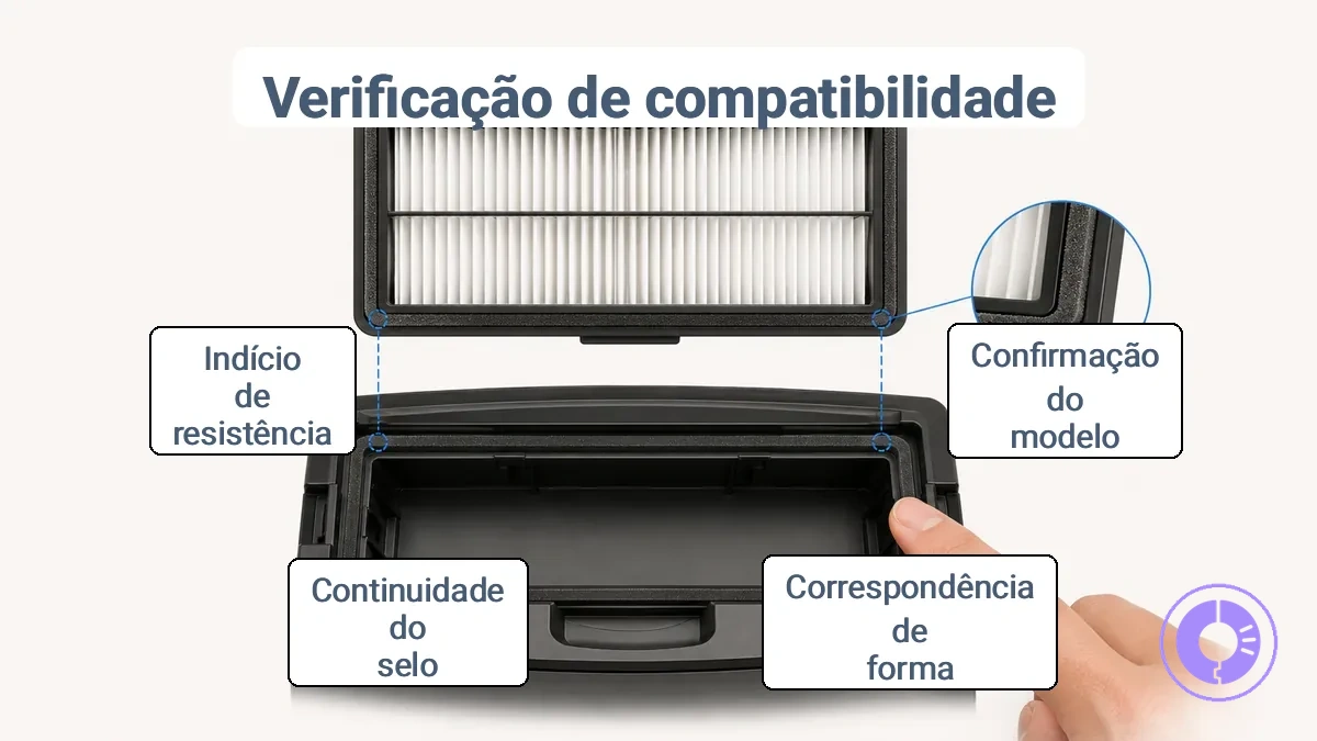 Diagrama mostrando a correspondência do formato do filtro do Roomba, os pontos de contato e o alinhamento da vedação no compartimento.