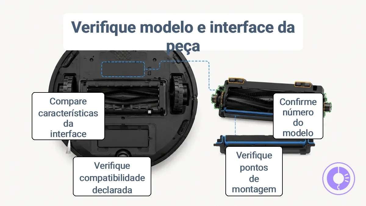 Localização da etiqueta do modelo do Roomba e características da interface da peça, como pontos de montagem e conectores