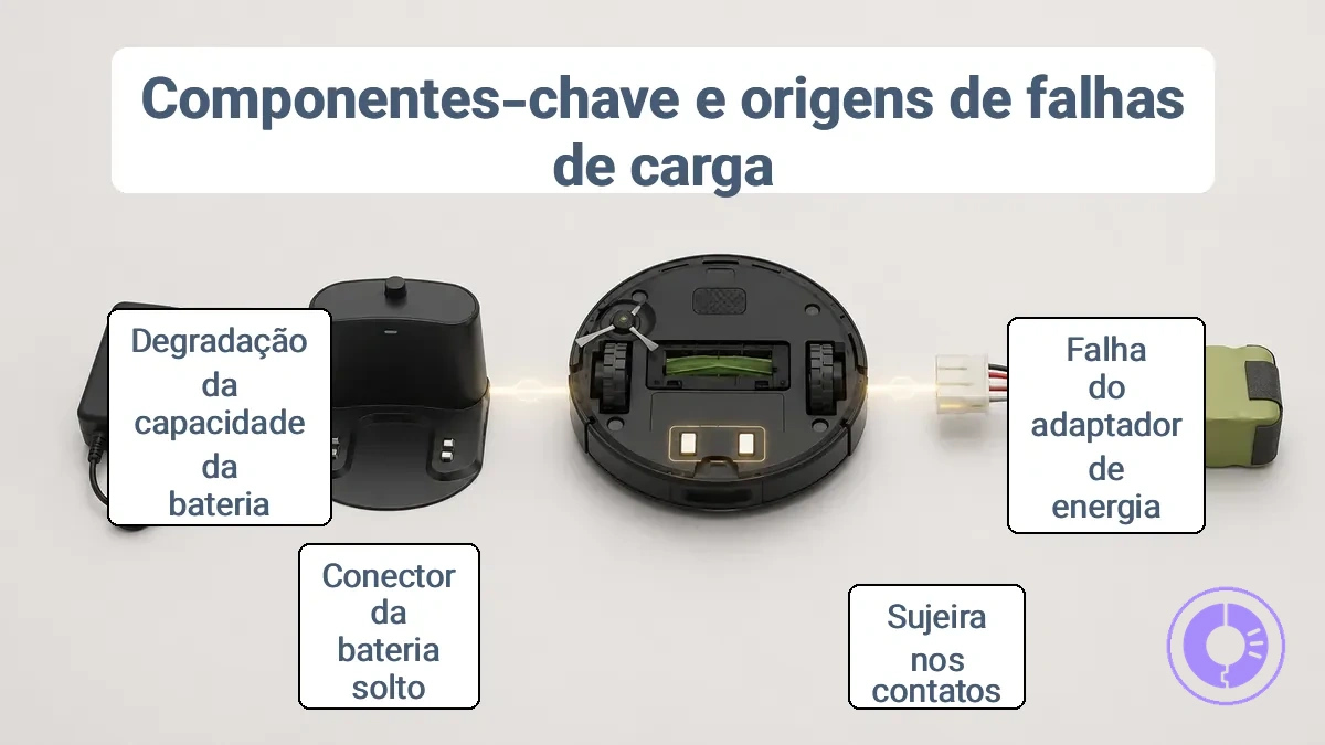Componentes anotados do sistema de carregamento do Roomba: base, contatos e conexão da bateria.