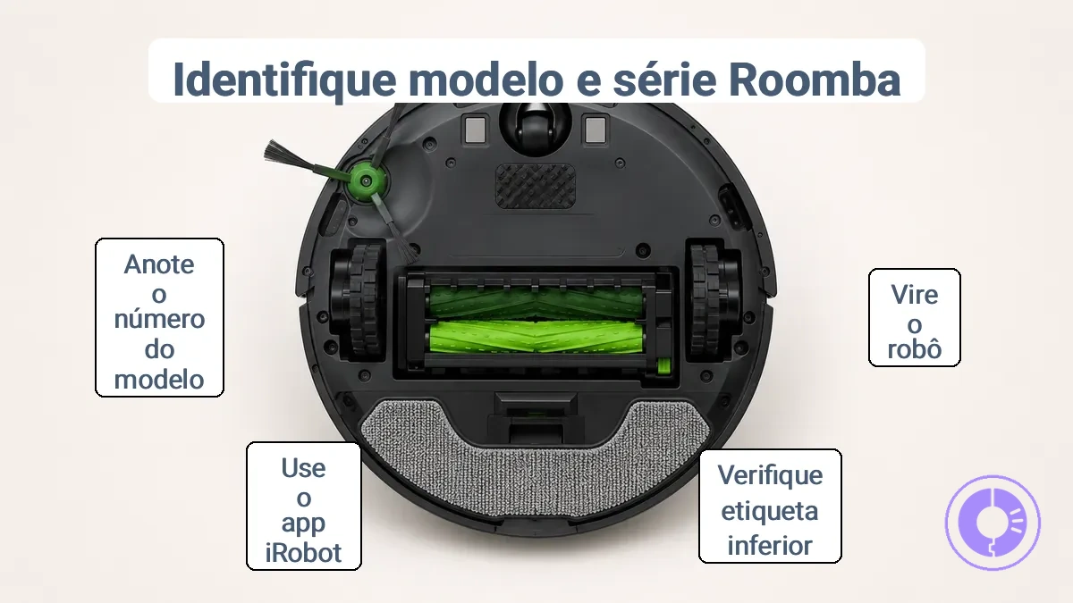 Etiqueta na parte inferior do Roomba mostrando o número do modelo e a marca da série