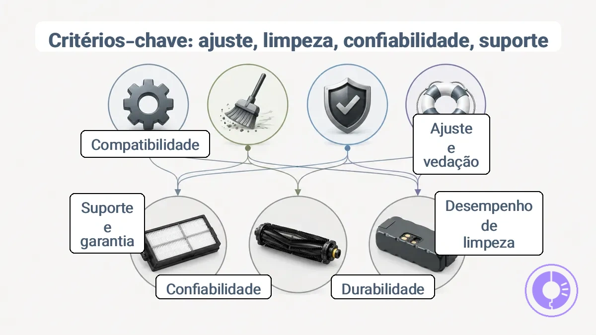 Diagrama relacionando ajuste, desempenho de limpeza, durabilidade, confiabilidade e suporte às categorias de filtro, escova/rolo e bateria