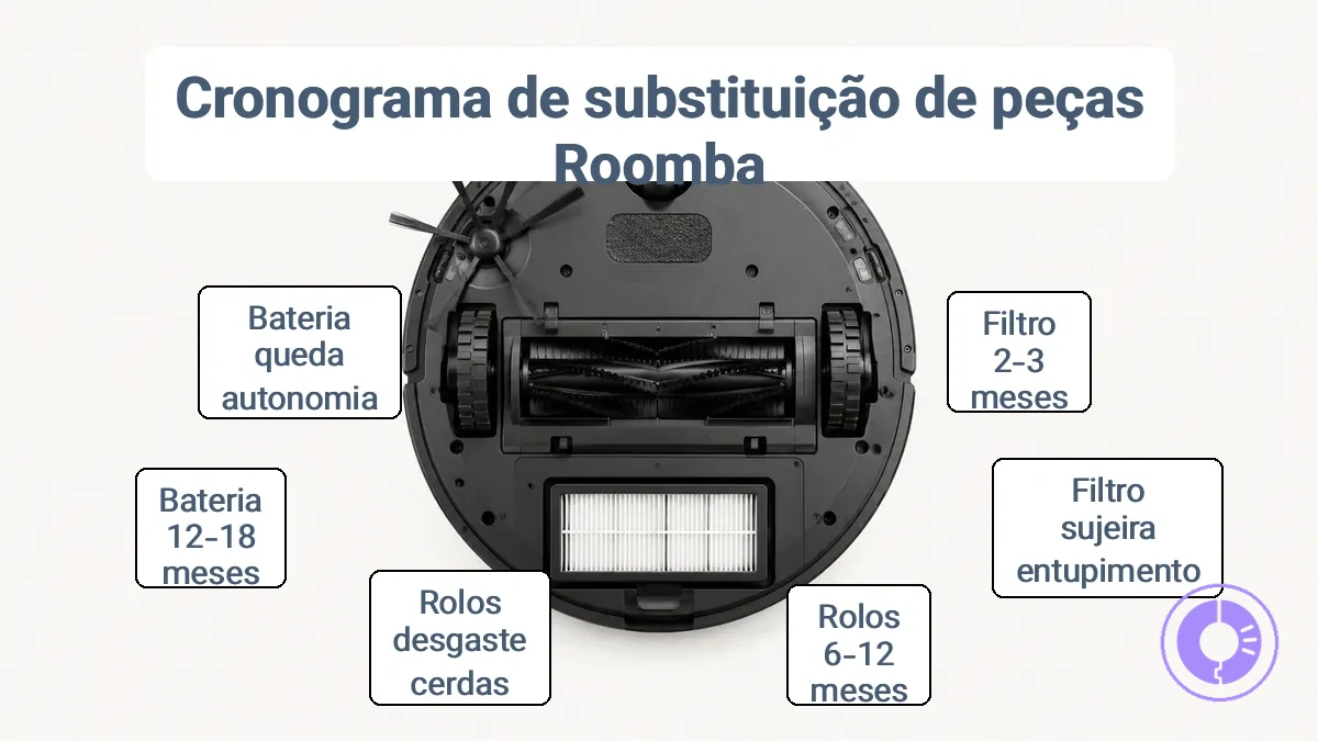 Peças do Roomba identificadas referenciadas em um cronograma de substituição (filtro, rolos, escova lateral, rodas/roda giratória).