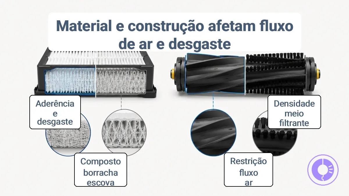 Ilustração comparando diferenças de densidade do material filtrante e composto de borracha do rolete de escova que afetam o fluxo de ar e o contato em um Roomba.