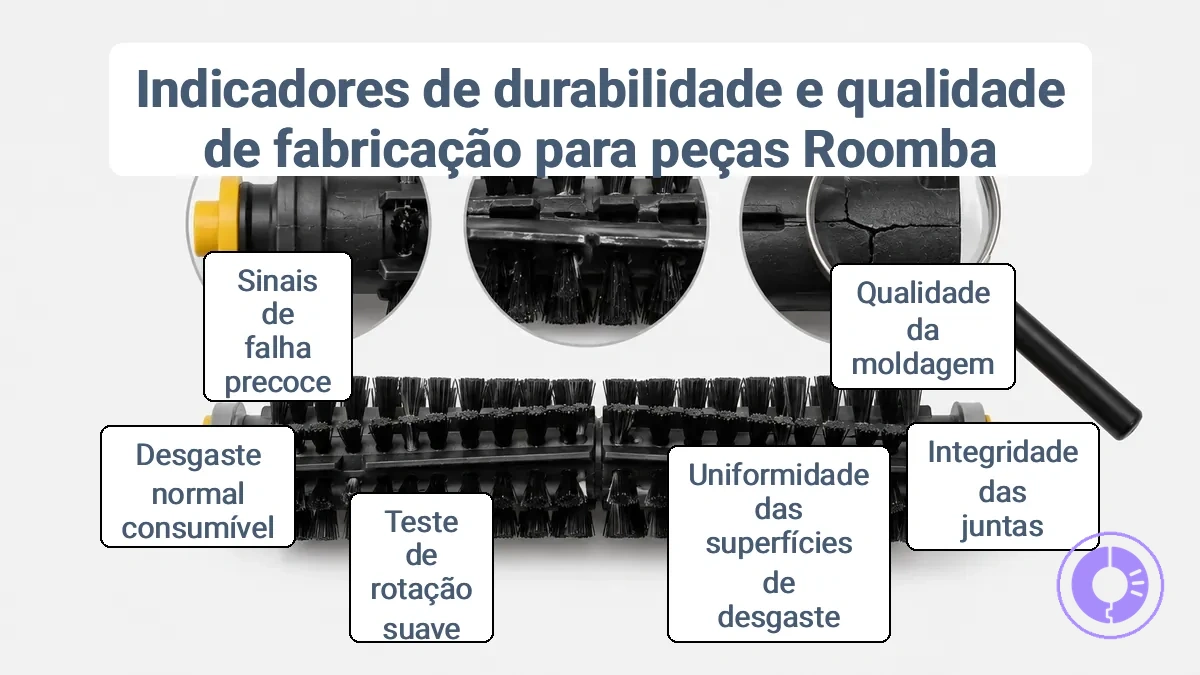 Close-up anotado mostrando consistência de moldagem, integridade da costura e indícios de superfície de desgaste para durabilidade de peça de reposição do Roomba.