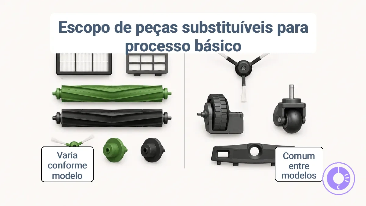 Peças comuns do Roomba que podem ser trocadas pelo usuário, com variação no acesso conforme o modelo