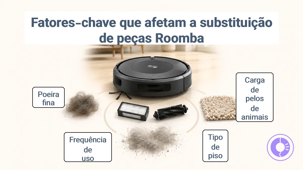 Comparação das condições domésticas que alteram a frequência com que as peças do Roomba precisam ser substituídas (animais de estimação, pisos, frequência de uso).