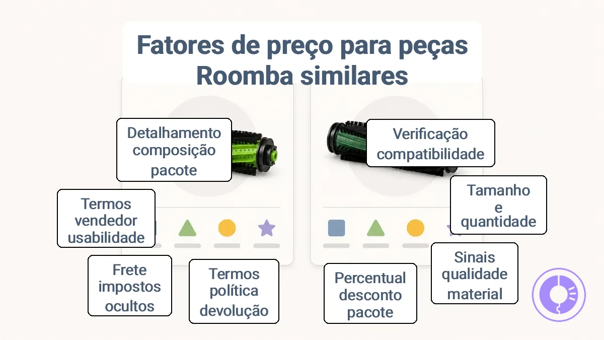 Exemplo anotado mostrando os principais campos do anúncio que determinam as comparações de custo-benefício de peças Roomba.