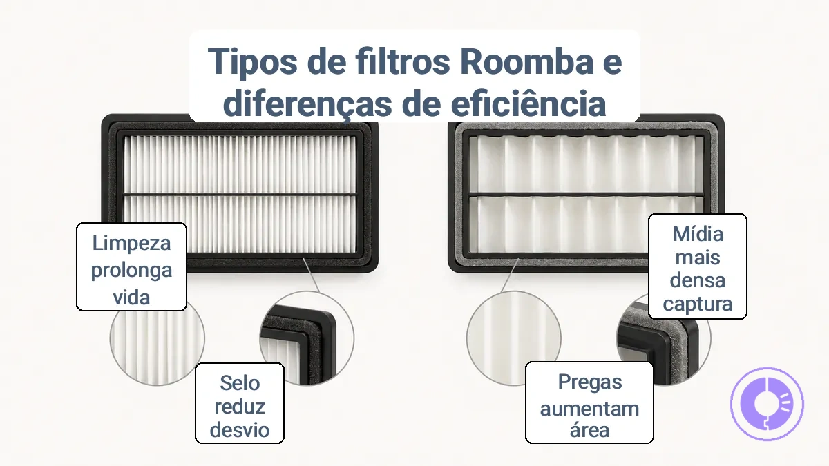 Comparação de tipos de filtros de reposição do Roomba mostrando densidade do meio filtrante, dobras e borda de vedação da moldura.
