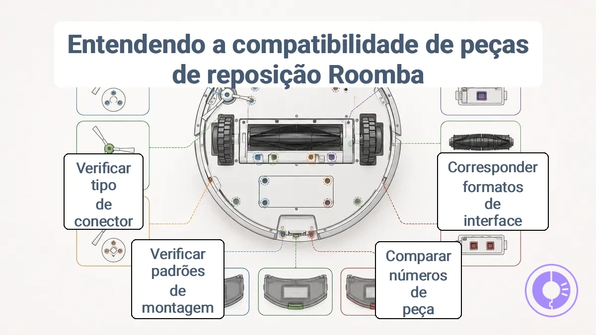 Diagrama de compatibilidade de peças de reposição Roomba mostrando pontos de montagem e tipos de conector específicos de cada série
