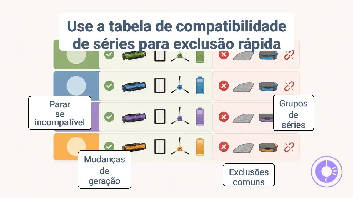 Gráfico de compatibilidade por série para peças de reposição do Roomba mostrando grupos de séries e exclusões comuns