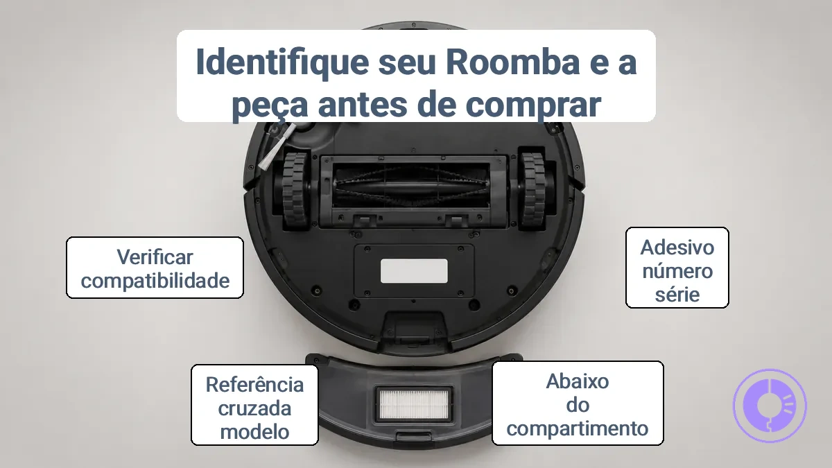 Localização do adesivo com número de série sob o recipiente de sujeira de um aspirador Roomba