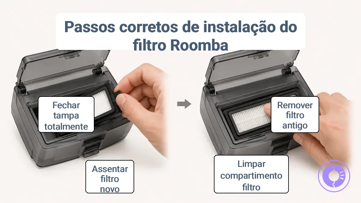Visão passo a passo da remoção e do encaixe nivelado de um filtro de reposição do Roomba para vedação firme.
