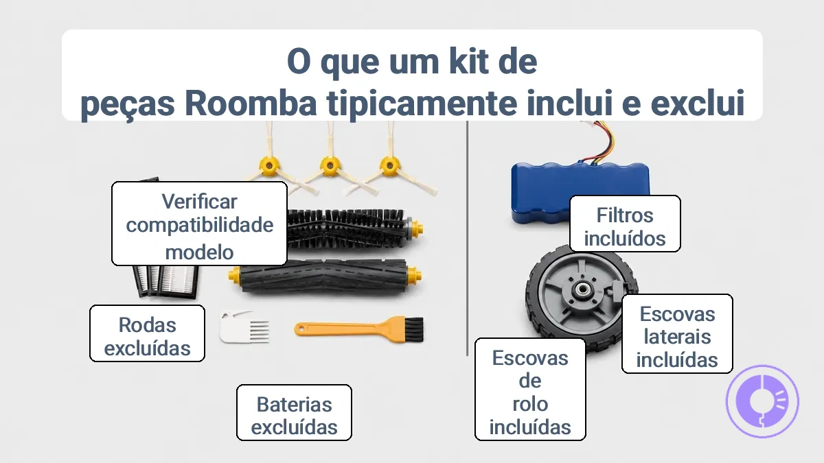 Exemplo anotado de peças de reposição Roomba comuns incluídas em um kit típico e observações sobre itens que podem ser excluídos.