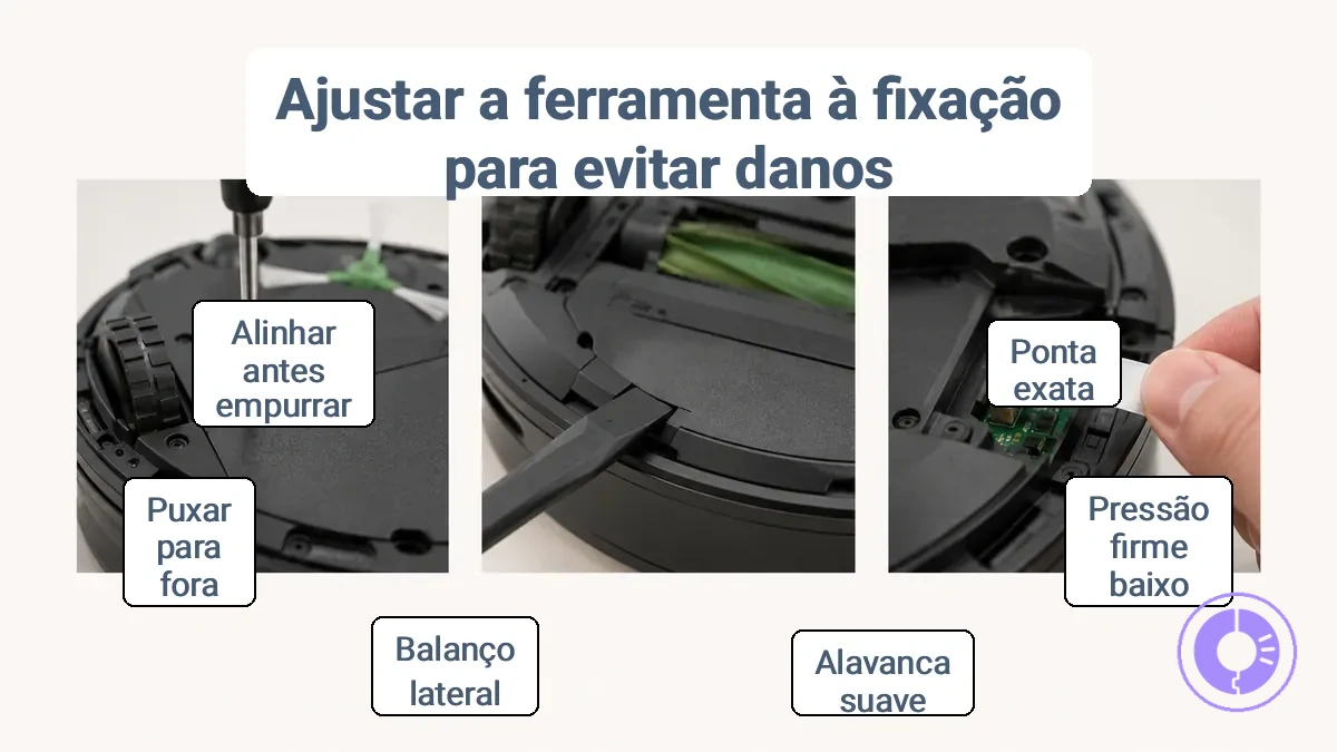 Foto anotada mostrando exemplos de fixadores, clipes e conectores do Roomba para evitar danos às roscas ou quebras