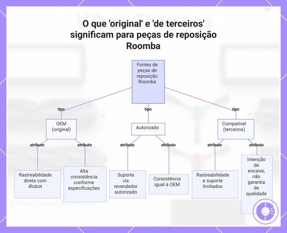 O que 'original' e 'de terceiros' significam para peças de reposição Roomba