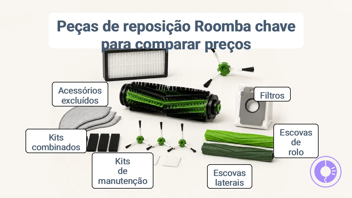 Imagem anotada identificando as categorias de peças de reposição Roomba usadas para comparação de preços.