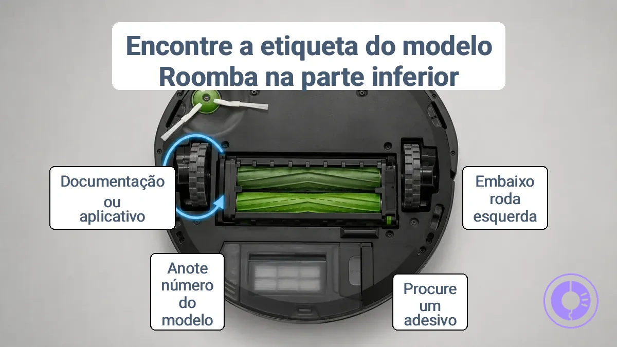 Parte inferior do Roomba mostrando a etiqueta do modelo perto da roda esquerda com um destaque apontando para a área do adesivo.