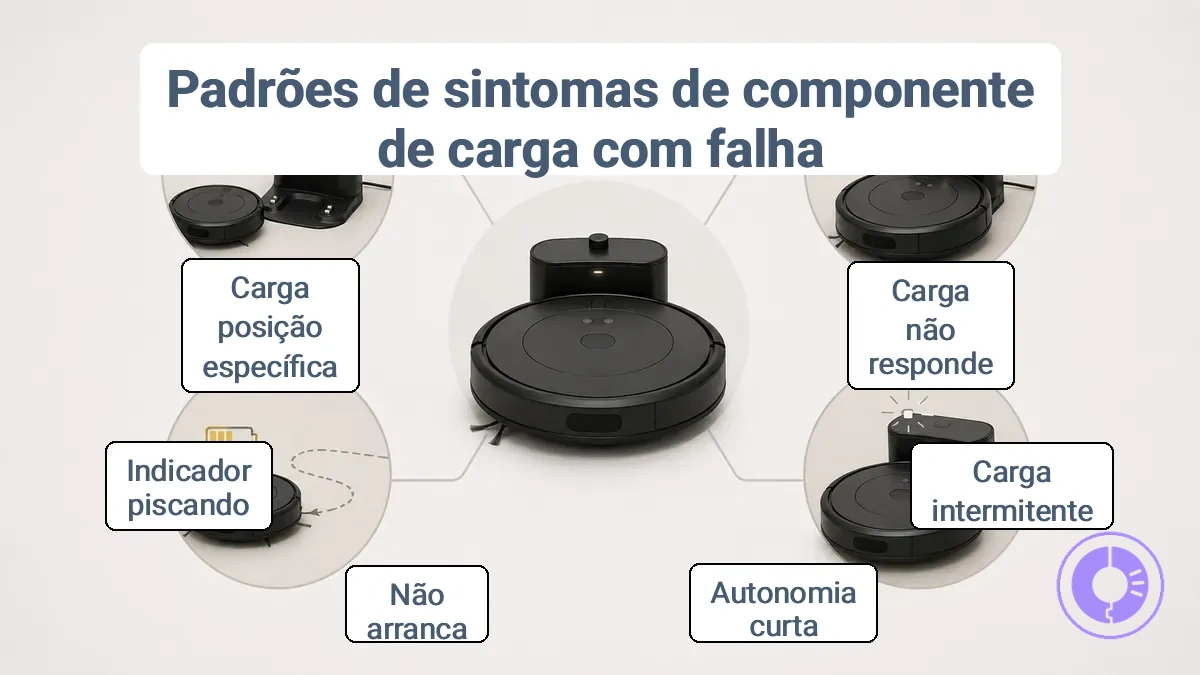 Diagrama mapeando sintomas de carregamento do Roomba para componentes de carregamento com provável falha.