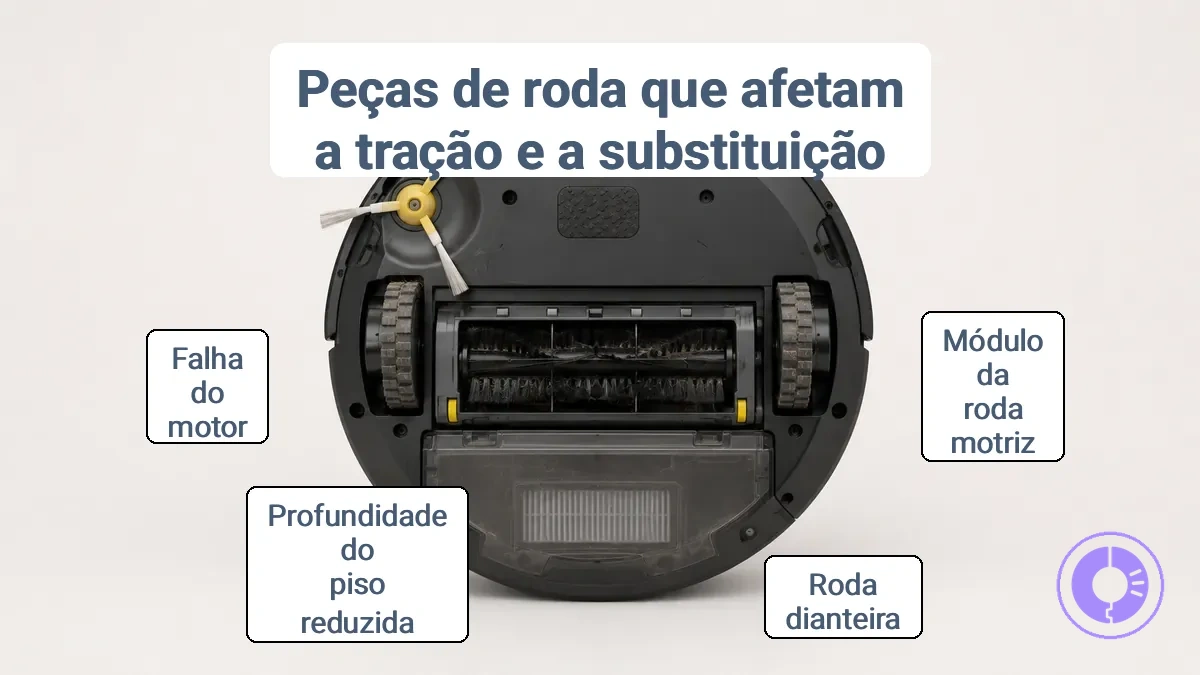 Diagrama identificando o módulo da roda motriz e a roda giratória dianteira em um Roomba