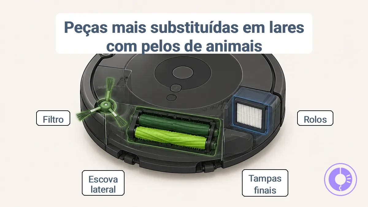 Diagrama anotado mostrando os rolos do Roomba, a escova lateral e as localizações do filtro para manutenção de pelos de animais