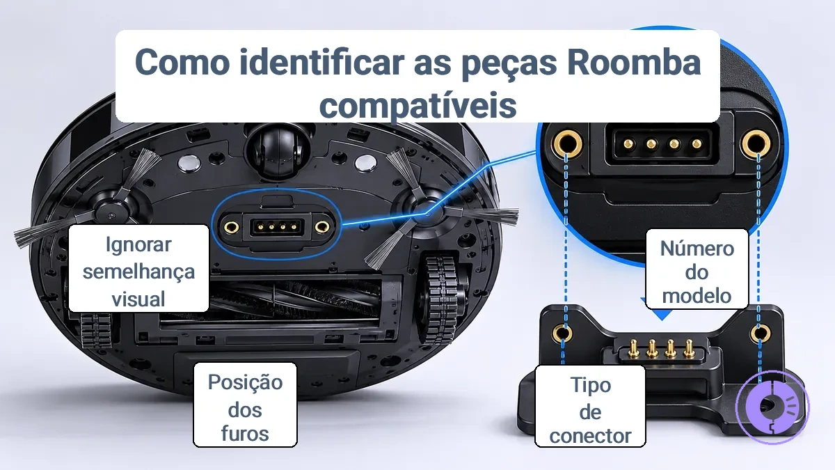 Localização da etiqueta de modelo/série do Roomba e principais pontos de encaixe a serem comparados para compatibilidade de peças de reposição