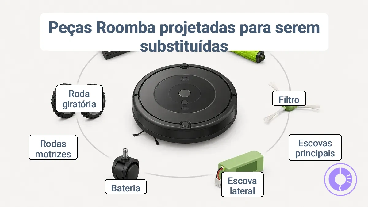 Diagrama das peças de reposição comuns do Roomba: filtro, escovas, escova lateral, rodas e bateria, com identificação da localização de cada uma
